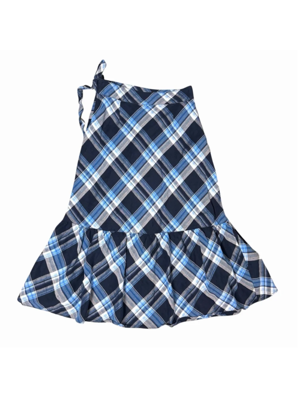 Lauren Ralph Lauren Blue Plaid Linen Blend Wrap Midi Skirt Bow Tie Size 2 EUC